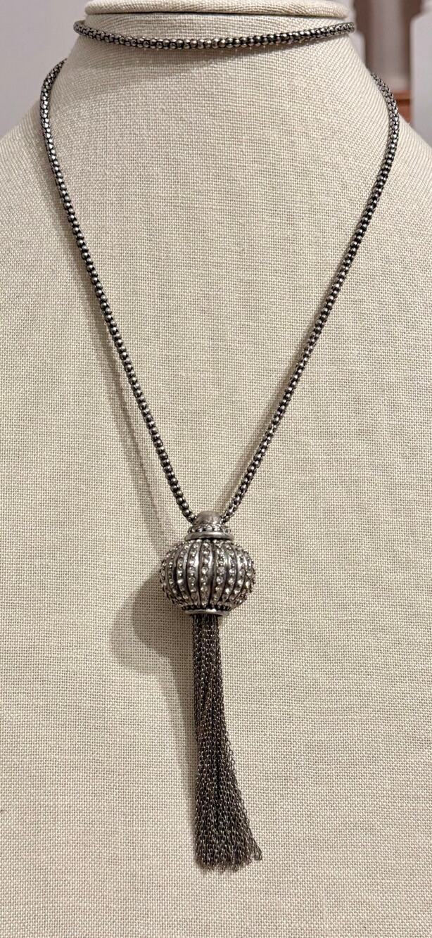 Vintage Silver Tone Rhinestone Tassel Pendant Long Necklace 31”